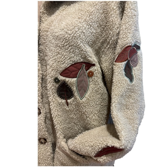 90s TEDDI TAN FLEECE JACKET AUTUMN THEMED LEAVES ACORNS APPLIQUES COTTAGECORE L - Picture 5 of 6